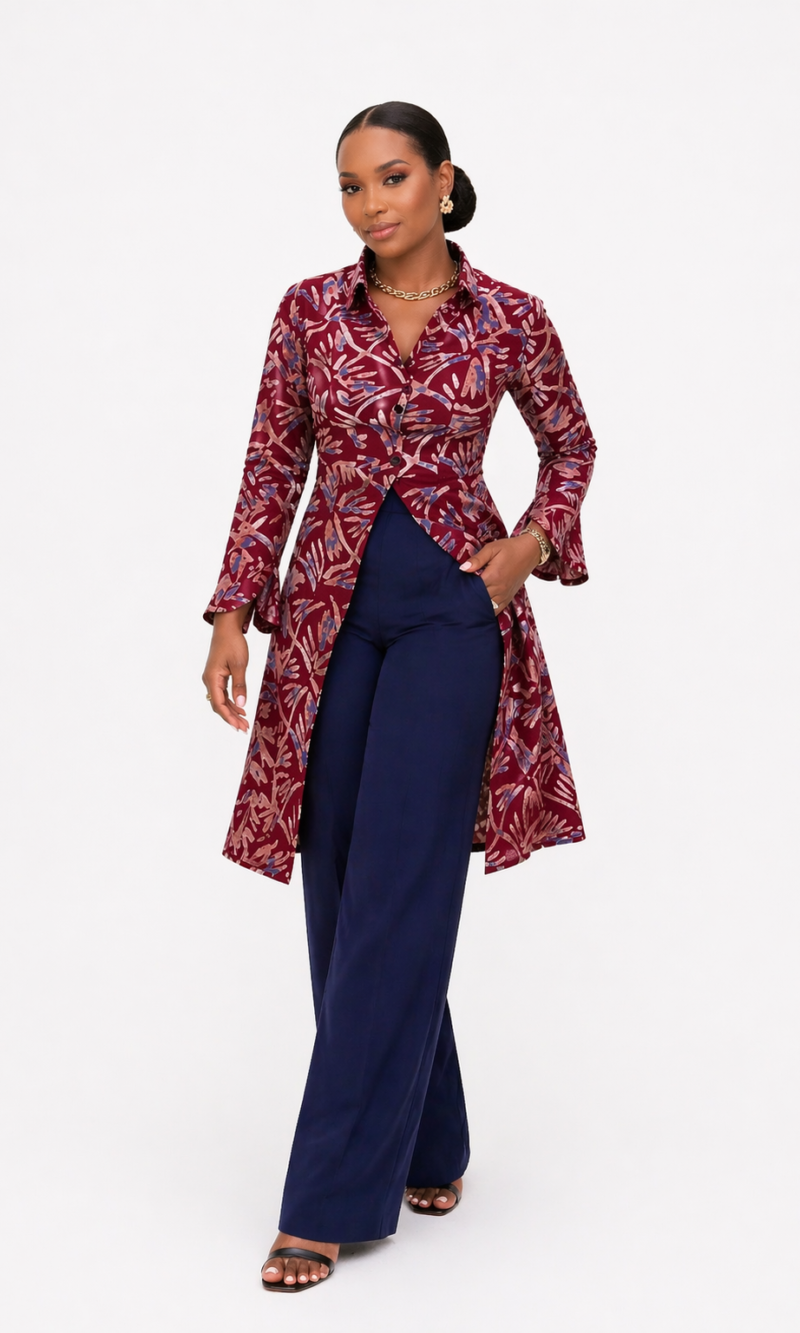 ADIRE PRINT PANT SET – BURGUNDY & NAVY