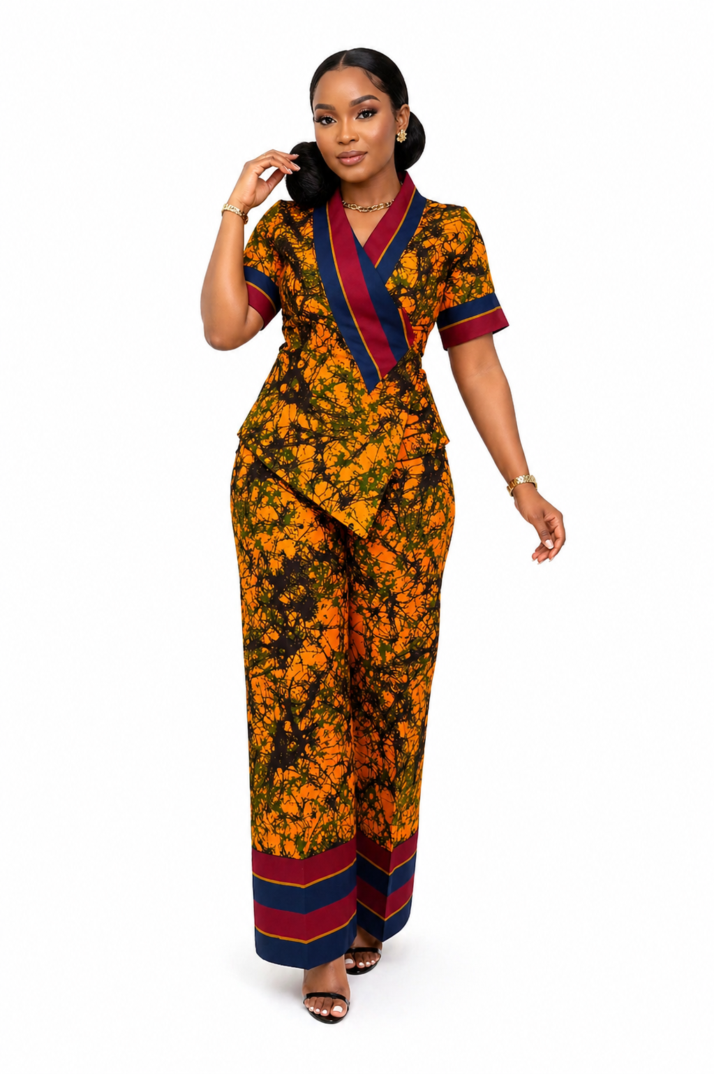 DORA ASYMMETRIC WRAP TWO-PIECE SET - YELLOW/MULTICOL