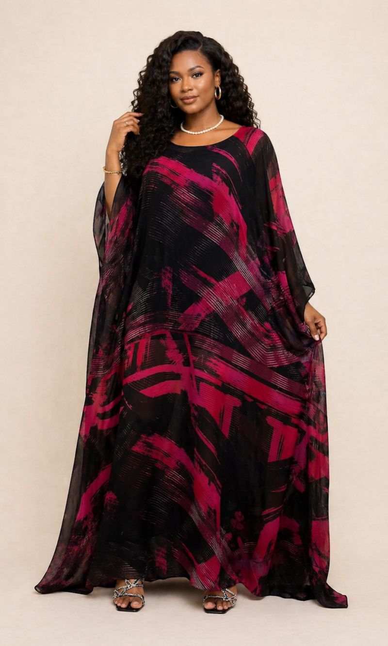 BEATRICE CHIFFON CAFTAN SET - BLACK/BURGUND