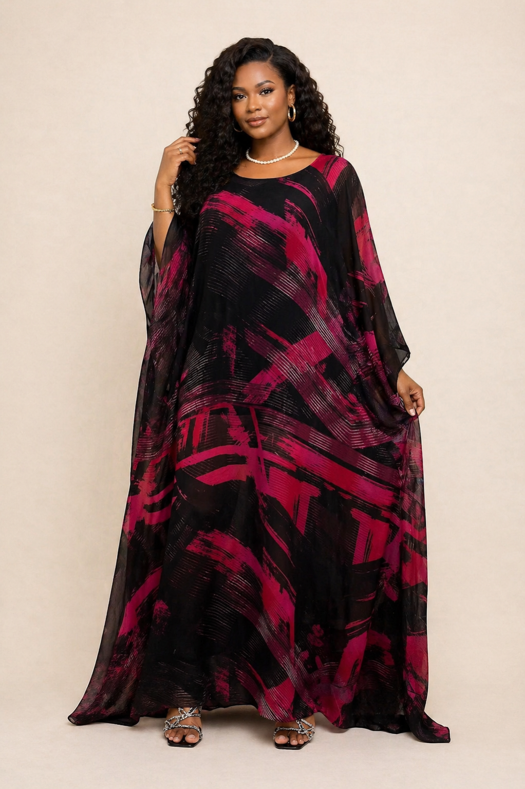 BEATRICE CHIFFON CAFTAN SET - BLACK/BURGUND