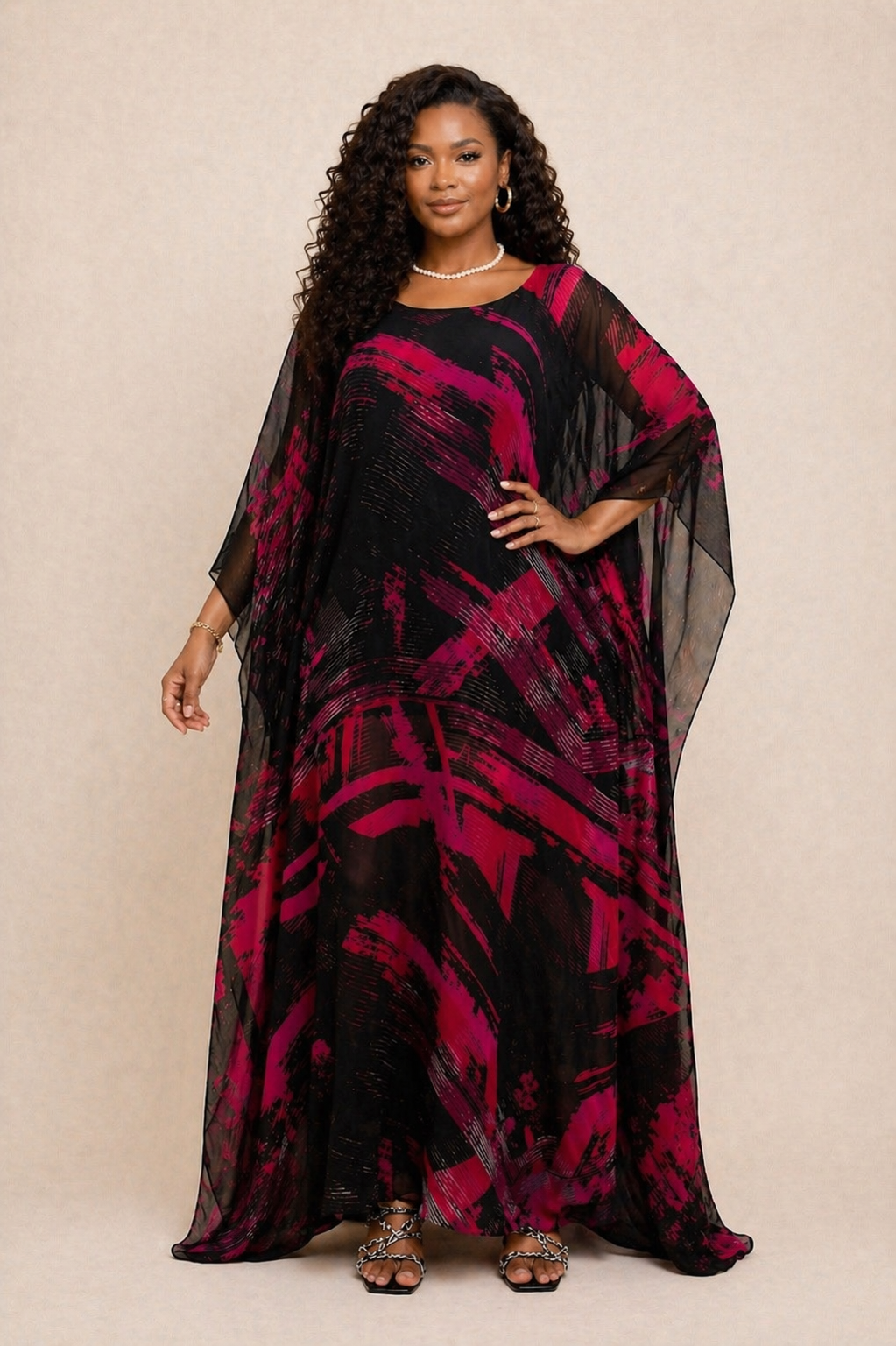 BEATRICE CHIFFON CAFTAN SET - BLACK/BURGUND - Image 4