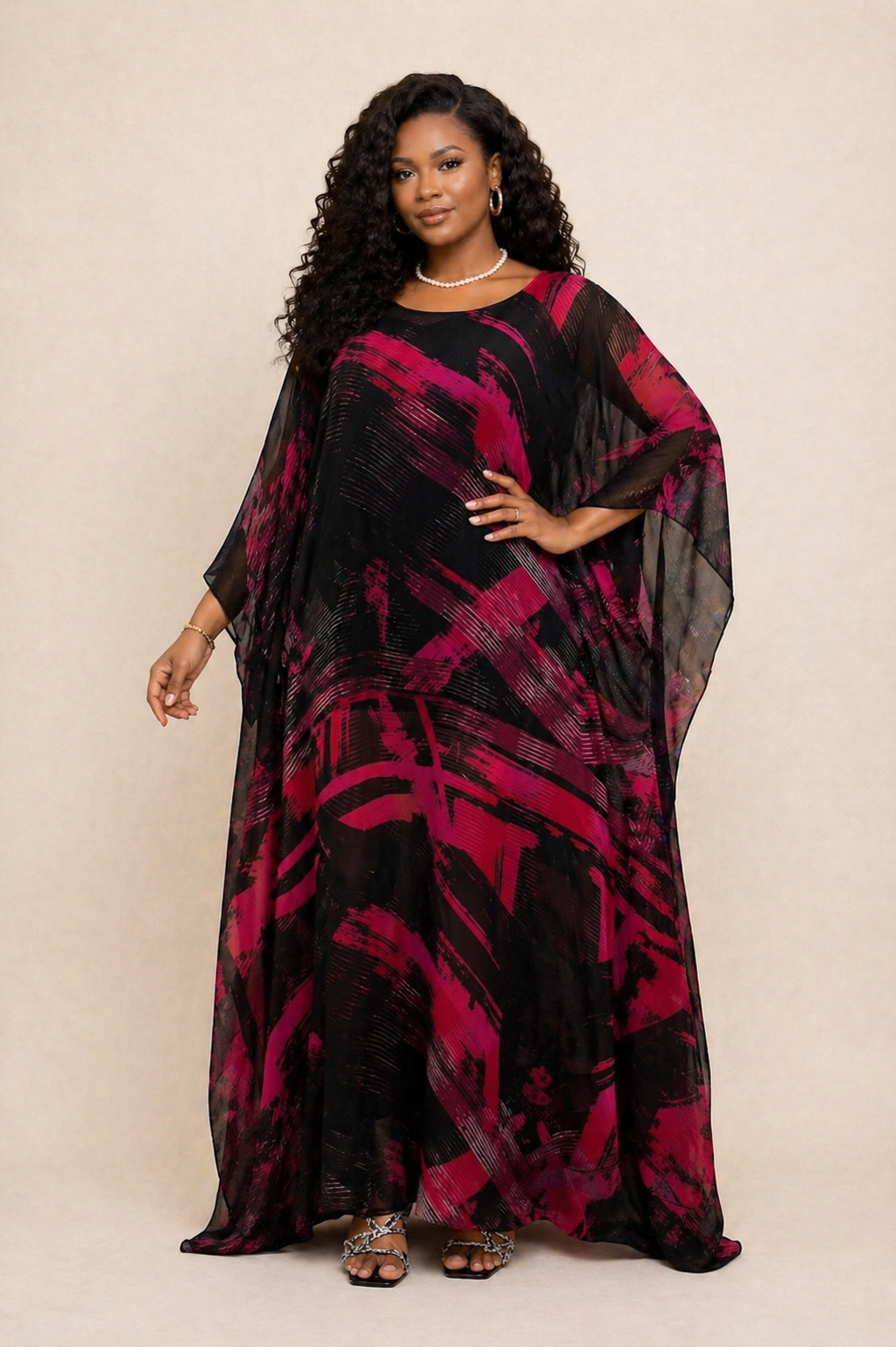 BEATRICE CHIFFON CAFTAN SET - BLACK/BURGUND - Image 3